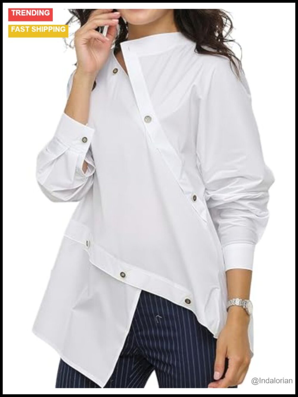 Asymmetric Split-Front Long Sleeve Button-Down Blouse